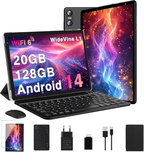 Biegedy Tablet 10 Pollici Android 14 Tablets 20GB RAM+128GB ROM (1TB TF), Tablets 5G/2.4G WiFi 6 Octa-Core, Widevine L1/GMS/Bluetooth 5.0/6000mAh/5+8MP, Tablet 2 in 1 Tastiera+Mouse - Nero