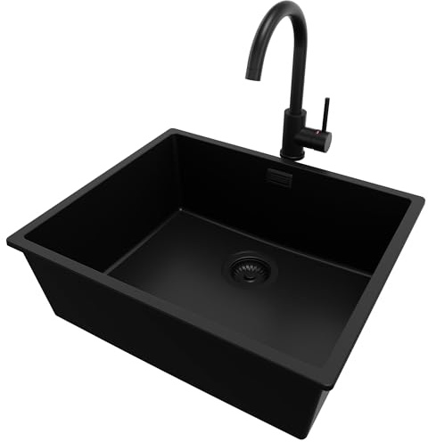 PRIMAGRAN Unterbauspüle Granit Alles Schwarz 56x47cm, Spülbecken 1 Becken + Küchenarmatur 32x20cm + Ablauf-Set, Granitspüle ab 60er Unterschrank - London S181