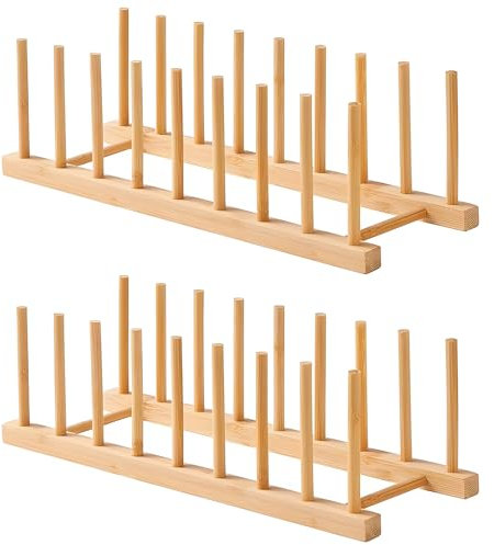 CECOMBINE 2Pcs Wooden Plate Rack - Stand Drainers, Wooden Chopping Board Holder, Lid Organiser, Pot Lid Holder, Dish Organizer for Plate, Cup, Pot Lid( 6 Slots)
