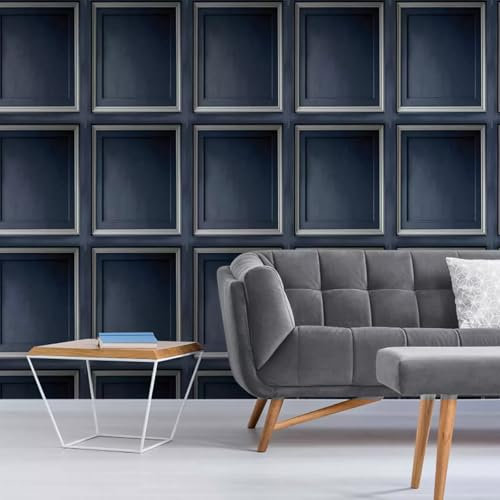 SOPHIE LAURENCE Navy Blue & Silver 3D Wood Panel Effect Wallpaper, Realistic Textured Design, 0.53m x 10.05m Roll, Scrubbable, Matte Finish, Paste The Paper, Ideal for Any Room