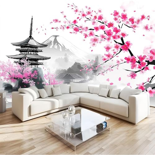 Peinture À L'Encre Papier Peint Intissé Cerisier Japonais 3D Écologique Fresque Murale Contemporaine, Pour Salon Chambre Bureau Décoration Intérieure - Résistante & Installation Express 300 X 210 Cm
