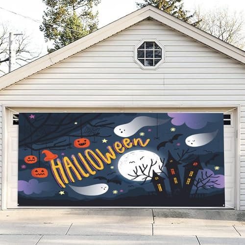 Hixingo Garagentor Banner Halloween Große Garagentor Abdeckung Deko mit Ösen und Seil, Gruseliges Schloss Halloween Banner Garage Outdoor Indoor Wand Foto Hintergründe Poster (400x180cm,Stil 9)