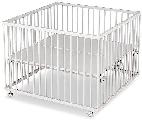 Sämann Laufstall Baby 100x100 cm mit Matratze Cloud Air | TÜV geprüft 2024 | stufenlos höhenverstellbar | Laufgitter Premium | Babybett aus Holz | Krabbelgitter weiß