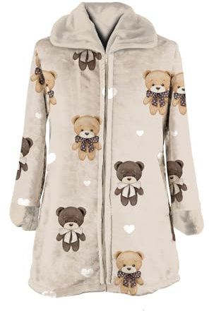 Daunex Vestaglia Donna in Pile con Disegno di Orsacchiotti, Colore Naturale (IT, Testo, S, XL, Regular, Regular, Standard, Natural)