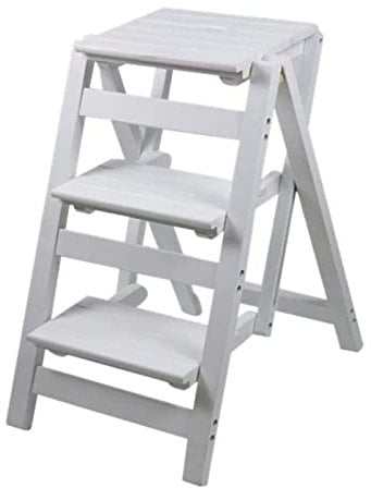 Dual-Purpose Step Stool, Wooden Ladder All Solid Wood Ladder Chair Home Folding Stair Chair Multifunctional Ladder Stool Stepladder/White