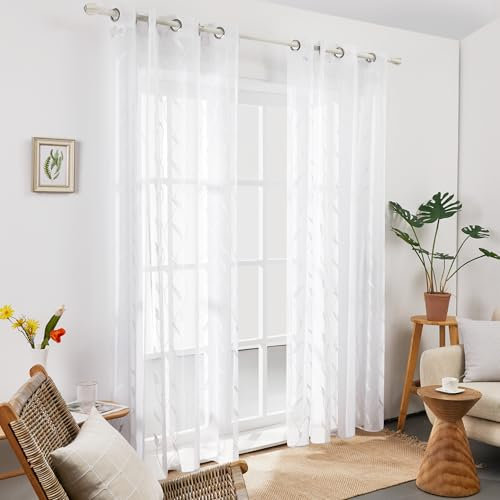 Deconovo Voile Vorhang Transparent Gardinen mit Ösen Wohnzimmer Gardinenschals Dekoschal Lichtdurchlässig Vorhänge für Schlafzimmer, 175x140 cm, Weiß, 2er Set