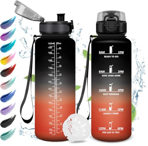 Sport Trinkflasche 1.5L, Auslaufsichere Wasserflasche mit Filter, Motivierende Trinkflasche mit Zeitmarkierung, Kohlensäure Geeignet, Sportflasche für Gym, Fitness, Fahhrad, Erwachsener, Wandern