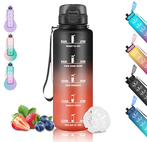 Gourde Sport, Gourde 1.5L avec Filtre, Gourde Graduée, avec Marqueur de Temps, Gourde Motivation anti Fuite, Gourde Musculation, Facile à Nettoyer, Bouteille d'eau pour Running, Cámping, Voyage, Yoga