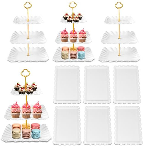 DIDROOM 10 Pack Dessert Table Display Set - 4 x Three-Tier Square Cupcake Stands and 6 x Serving Trays, Elegant Tableware for Cakes, Cupcakes, Pastries, and Snacks, Perfect for Parties (White)