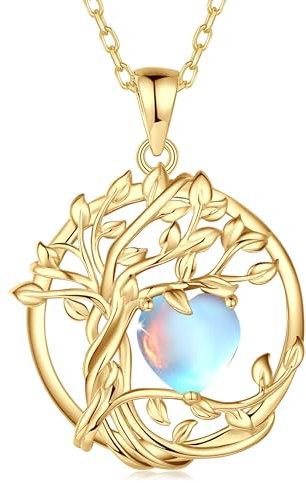 FANCIME Tree of Life Moonstone Necklace for Women 925 Sterling Silver Yellow Gold Plated Tree Pendant Necklace Jewellery Anniversary Birthday Christmas Gifts for Mum Wife Girls Her