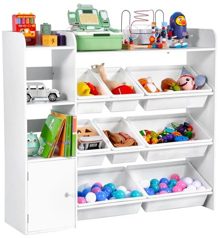 VEVOR Kids Toy Storage and Bookshelf, 4-Tier Toy Storage Organizer with 8 Flexible Plastic Bins, Kids Cubby Cabinet with Bookshelf for Study Room, Bedroom, Playroom, Classroom, Nursery, White