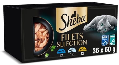Sheba Filets Adult Katzenfutter in Sauce mit Huhn und Thunfisch, Weißfisch, Geflügel und Lachs 36 x 60 g Schale