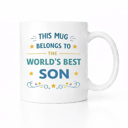Brew Crew Gifts World's Best Son Mug, Ceramic Coffee Cup, White, Dishwasher and Microwave Safe, Birthday Christmas Graduation Gift, Star-Themed Design with Bold Typography