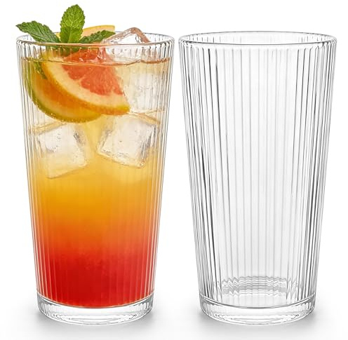 Iceten Ribbed Clear Glass Cups,Iced Coffee Cup Set,Highball Cups for Juice,Lemonade,Cocktail,Tea, Smoothie (2)