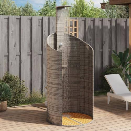 ACAGALA Doccia da giardino, 100 x 100 x 241,5 cm, in polyrattan, con piastra di base in legno e maniglia girevole, doccia per terrazza, piscina, mobili da giardino, mobili da terrazza, grigio