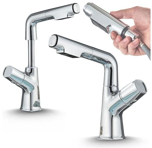 Waschbeckenarmatur Filo – Wasserhahn Bad, Niederdruck, mit Regulierung von Wasserfluss und Wassertemperatur, höhenverstellbar, schwenkbarer Auslauf (Chrom)