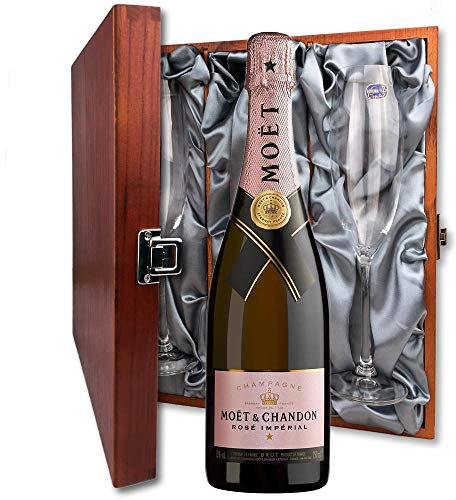 Moet and Chandon Rose Champagne and Flutes in Wooden Hinged Presentation Box 75cl 12% abv