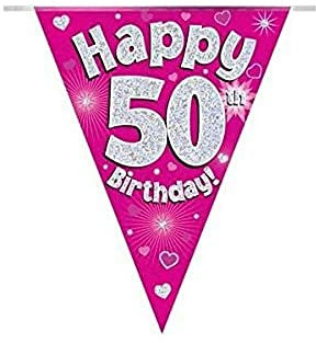Party Bunting Happy 50th Birthday Pink Holographic 11 flags 3.9m