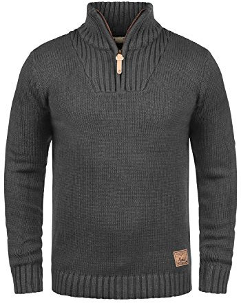 !Solid SDPetro Herren Strickpullover Troyer Grobstrick Pullover mit Troyerkragen Rippbündchen Label-Details Baumwollmischung Regular fit, Größe:XL, Farbe:Dark Grey Melange (8288)