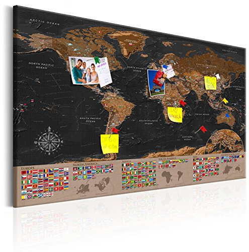 Pinnwand B&D XXL - Weltkarte zum pinnen - Pinnwand & Leinwandbild 90x60 cm 1 Teilig Kunstdruck modern Wandbilder XXL Wanddekoration Design Wand Bild - Landkarte Wandeko k-A-0205-v-a