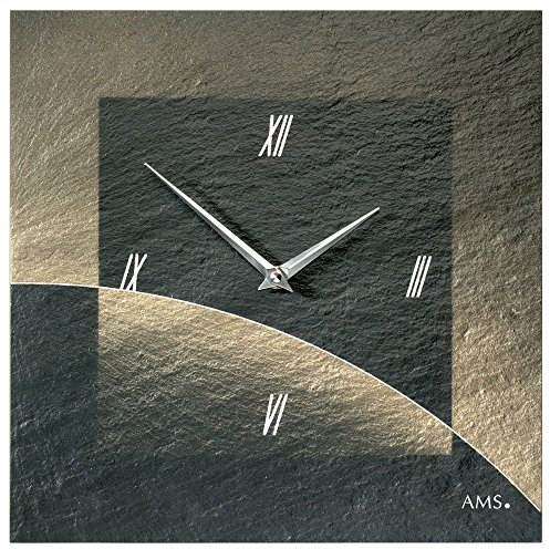 AMS 9519 quadratische Quarz-Wanduhr, Natur-Schiefer mit Airbrush-Design - Unikat, golden - seidenmatt Designer Uhr