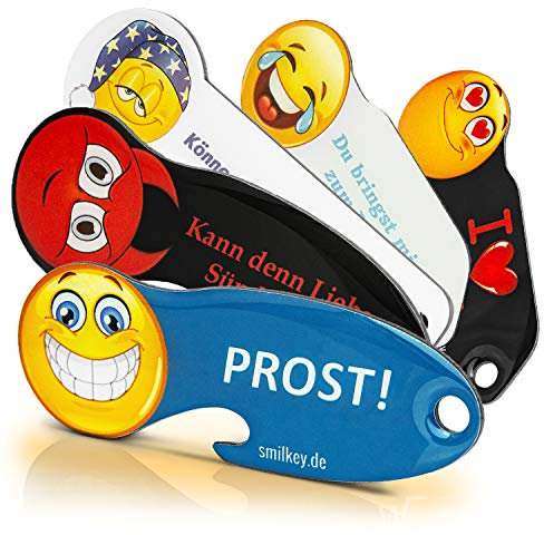 Einkaufswagenlöser ® Smiley 5er Set/Schlüsselanhänger Einkaufschip mit Schlüsselfundservice/Abziehbarer Einkaufswagenchip Metall, Chip Einkaufswagen, Key Finder
