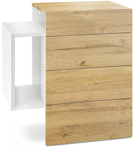 Vladon Nachttisch Queens, Made in Germany, Nachttischschrank mit 2 Schubladen und 1 seitlichem Fach zur Wandmontage, Weiß matt/Eiche Natur, inkl. LED Flexi Lampe weiß (60 x 63 x 36 cm)