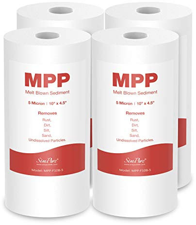SimPure 4,5 x 10 Filtro Acqua da Sedimenti Polipropilene 5 Micron, Compatibile con Filtro per l'Acqua di Tutta la Casa DB10C / DB10C-2 - Confezione da 4