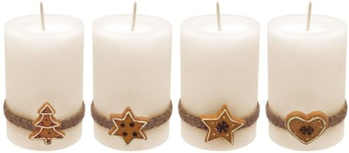 ZauberDeko 4 Adventskerzen Kerzen Stumpenkerzen Creme Kekse Plätzchen Weihnachten Advent Deko Tischdeko
