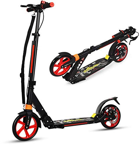 GOPLUS Kickscooter für Kinder und Erwachsene, Höhenverstellbarer Cityroller, Klappbarer Tretroller, mit Federung, bis 100 kg Belastbar, mit Klingel & Ständer, mit Bremse, PU-Räder (Schwarz)