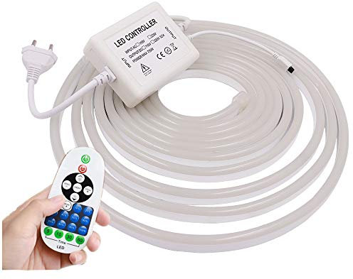 XUNATA 20m Tira de Luz de Neón LED Regulable con Control Remoto IR de 23 teclas y Fuente de Alimentación de Transformador, Brillo Ajustable, Blanco frio