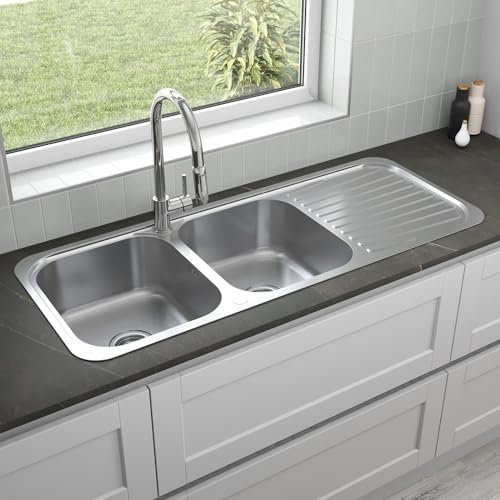 SÄUBER® 1180 x 480mm Stainless Steel Kitchen Sink 2.0 Double Bowl Inset Drop in Installation, Right Hand Drainer, 18/8 Grade Steel Sinks, Free Basket Strainer Waste