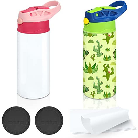 XccMe Vaso de sublimación para niños, botella de agua de sublimación de 12 onzas, vaso recto de acero inoxidable para beber, paquete de 2 vasos aislados de doble pared con asa, películas retráctiles,