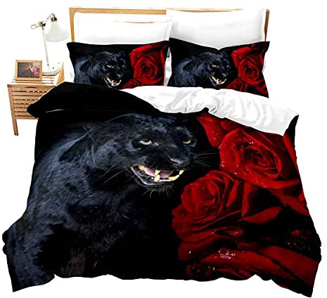 Loussiesd Leopard Bettbezug Set 3D Schwarz Panther Tier Bettwäsche Set 155x220cm Tierwelt Betten Set Prächtig Rot Rose Blumen Gepard Mikrofaser 2St