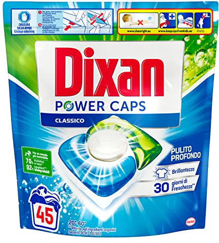 Dixan Power Caps Classico Detersivo in Capsule Pre-dosato per Lavatrice Pulito Profondo - Confezione da 45 Capsule