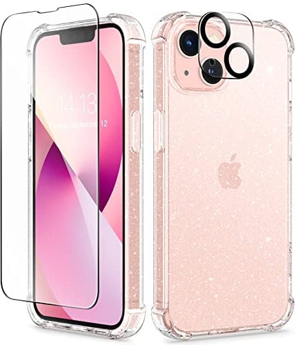 GVIEWIN Designed for iPhone 13 Case 6.1 Inch, with Tempered Glass Screen Protector + Camera Lens Protector Clear Glitter Sparkle Non-Yellowing Soft & Flexible Shockproof Women Phone Cover (Glitter)