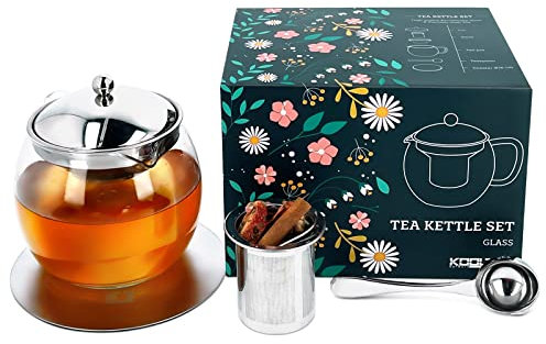 Teekanne Glas mit Siebeinsatz Set, Tee Kanne aus Glas 1L Sieb Edelstahl Teelöffel Metall Untersetzer in Geschenkbox, Geschenk für Frauen Männer Teeliebhaber, Glasteekanne Teesieb Teebox Teapot Tea Pot