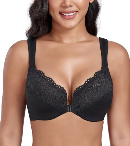 DotVol Women's Front Closure Wide Strap Underwire Bra Lace Plus Size U-Back Unlined Everyday Bra(Black,40DD)