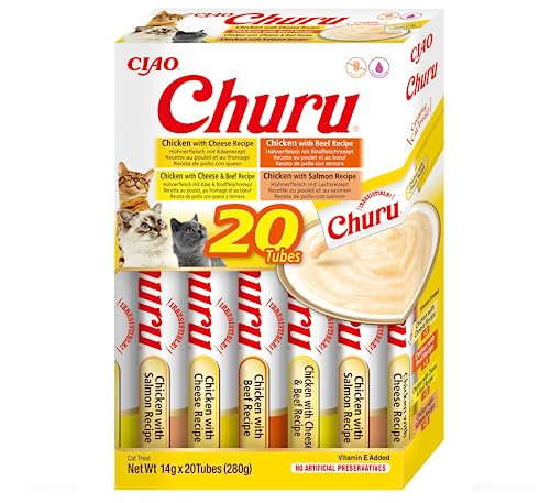 INABA Churu Püree Multipack - Insgesamt 20 Tuben: 5x Huhn mit Käse, 5x Huhn mit Rindfleisch, 5x Huhn mit Käse & Rindfleisch und 5x Huhn mit Lachs