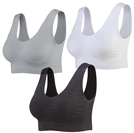 Lemef 3-Pack Seamless Sports Bra Wirefree Yoga Bra with Removable Pads for Women (Large, Black&White&Grey)