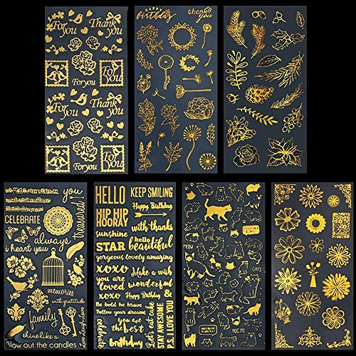 GOIYZTTR 7 Blatt Gold Scrapbooking Sticker Verschiedene Muster Scrapbooking Sticker Selbstklebende Wasserdichte Aufkleber Für Scrapbook-Aufkleber und DIY-Basteln