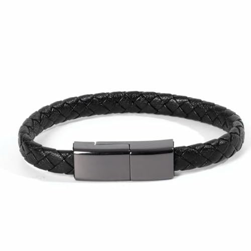 USB Charging Cable Bracelet portable charger 3A current, braided cord & leather wristband design, compatible with USB Lightning & Tybe C (20cm, USB Type C)