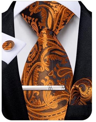 DiBanGu Cravate en soie tissée pour homme avec boutons de manchette carrés et pince à cravate pour mariage et affaires, orange brûlé, taille unique
