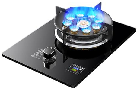 Cocina De Gas 1 Quemador, Estufa De Encimera 5.2KW Quemador Wok Con Anillo De Fuego De 9 Cámaras Con Temporizador De Protección Contra Llamas, Mesa De Comedor De Vidrio Templado Negro, Estufa De Conve