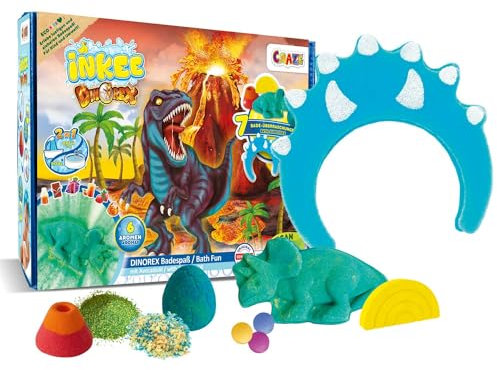 INKEE - Geschenkbox Dino | Badeset Kinder - 7 Badezusätze für Kinder, Dinosaurier Badekugeln & Badesalz Kinder mit Avocado Öl + Accessoire