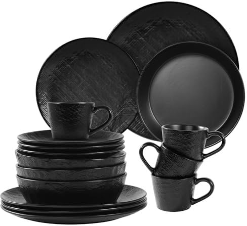 Navaris Steingut Geschirr Set 4 Personen (16 Teile) - Teller Set Geschirrset Geschirr - Tafelservice mit Suppenteller Tellerset - Kombiservice - Tafelservice 4 Personen - Anthrazit