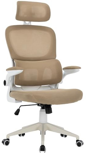 TRISENS Flexibler Bürostuhl in moderner Mesh-Optik ergonomischer Schreibtischstuhl mit Nacken- und Lordosenstütze Gamingstuhl mit atmungsaktiver Netzrückenlehne und Wippfunktion, Farbe:Weiß/Taupe
