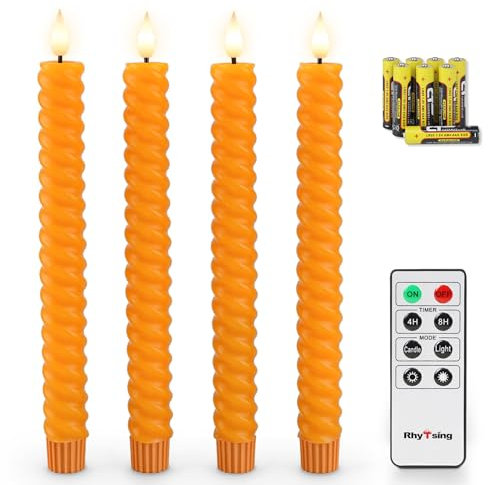 Rhytsing 4er Orange LED flammenlosen Twist Tafelkerzen mit Timer, Batteriebetriebene Spiral Stabkerzen für Herbst, Halloween und Thanksgiving, Fernbedienung und Batterien enthalten - H 25
