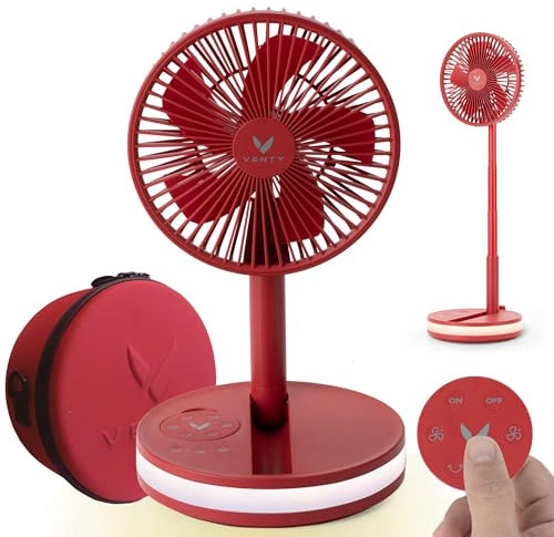 VENTY Portable Fan - Wireless, Battery Operated, 48HR Run Time, Oscillating, Remote Control & LED Lighting, Folding Telescopic Camping Fan (Red with Case)