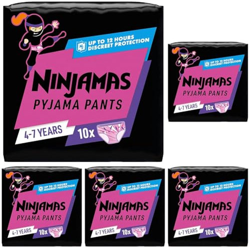 Ninjamas Absorbierende Nachthöschen Für Mädchen, 10 Pyjamahöschen, 4-7 Jahre, 17-30kg, Auslaufschutz Für Die Ganze Nacht (Packung mit 5)